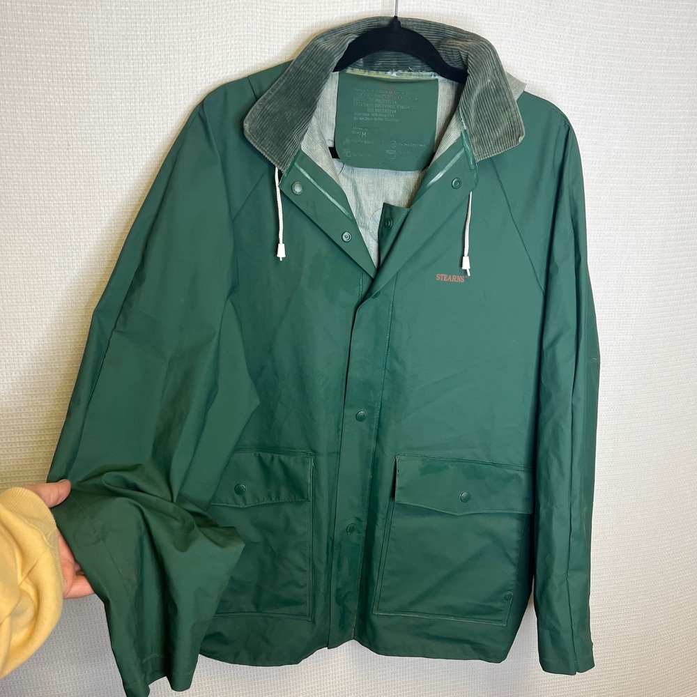 Stearns 8265 Mens Green Waterproof Rain Jacket Hooded Corduroy Collar Medium